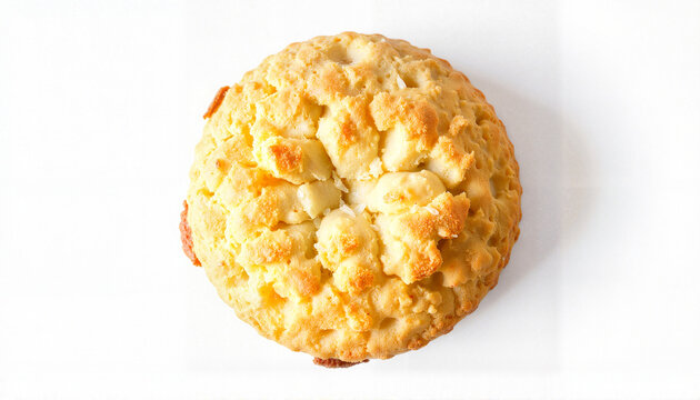 Round baked cookie with crunchy top on white background  