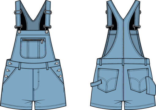 Denim Dungaree Short Overalls Vector Template Set in Light Blue Showing Front and Back Views for Women Casual and Fashion Designs