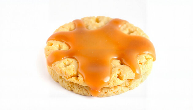 Cookie topped with caramel sauce on white background  