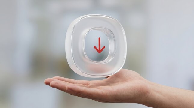 Hand holding transparent glass button with red down arrow icon on blurred background 3d render