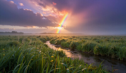 Naklejka premium Marsh grass with rainbow sunlight over winding creek at dawn
