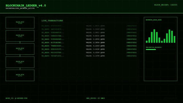 Futuristic Blockchain Ledger HUD with Decentralized Network Active Live Transactions and Digital Hash Rate Analytics Interface.