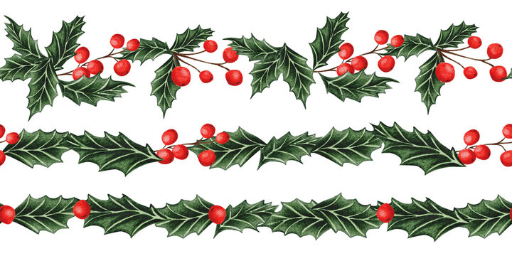 Festive holly garlands with green leaves and red berries. Three seamless watercolor border options for holiday decorations.
