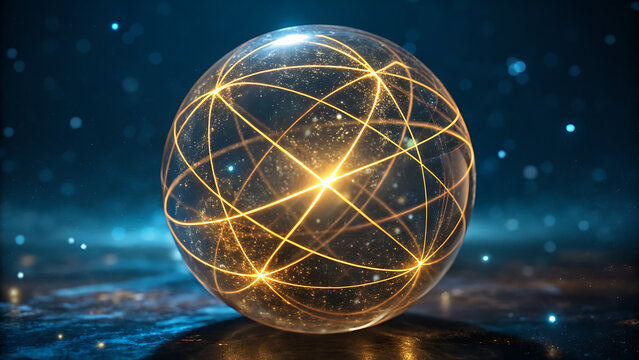 futuristic glowing neural network orb in cosmic space with starry background