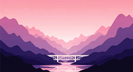 Vector flat design illustration of a modern bridge crossing a tranquil river through layered purple mountains at sunrise © denijulianto