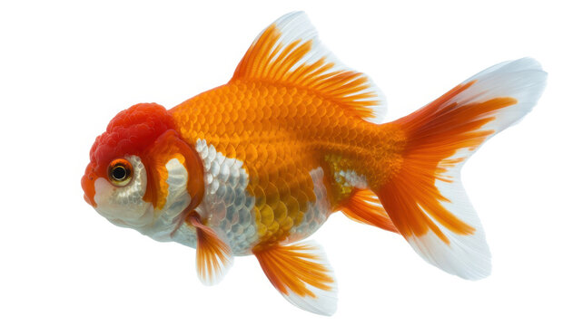 A oranda goldfish with orange and white scales swimming isolated on a white background