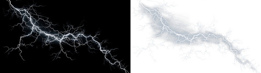 Blue and white bright lightning strikes against isolated on transparent and black background creating a striking visual effect during a storm, light overlay, PNG © Liubov