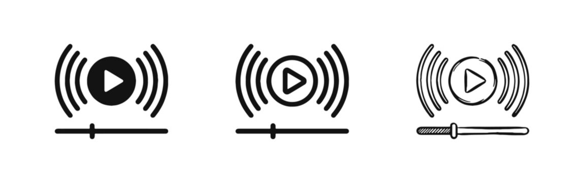 Multimedia play button icons with sound waves and video progress bar