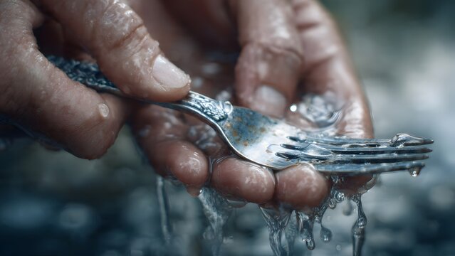 Hands rinsing freshly washed cutlery with clear water and little soap.