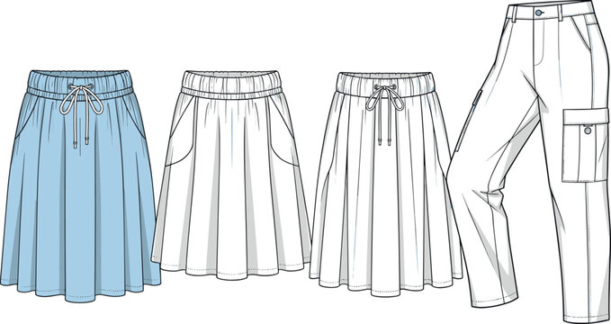 Flared Skirt and Cargo Pants Fashion Technical Flat Sketch Collection Vector Illustration for Women Casual and Streetwear Apparel Design