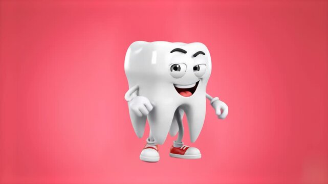 A high-quality 3D render of a realistic tooth character performing a rhythmic dance and swaying motion. Set against a soft pink background, this asset is optimized for lip sync for professional dental