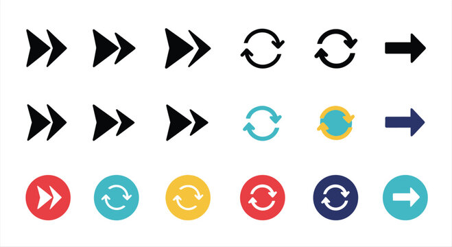 Collection of black and colored arrow and circular rotation icons