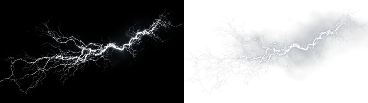 White lightning strikes across a cloudy background with a transparent effect during a thunderstorm in the evening sky, light overlay, PNG