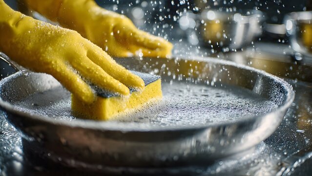 Yellow-gloved hands washing metal frying pan with sponge, bubbles, running water.