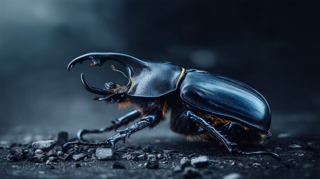 Extreme close-up of a large rhinoceros beetle with prominent horns on a dark, textured surface