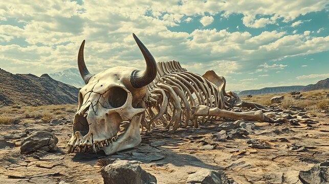 Buffalo Skeleton in Dry Desert Landscape