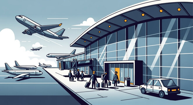 Modern Airport Terminal with Airplanes and Passengers.