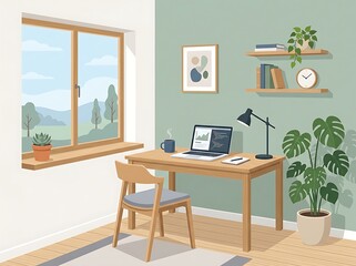 Fototapeta premium A home office with desk laptop chair plants and window with countryside view