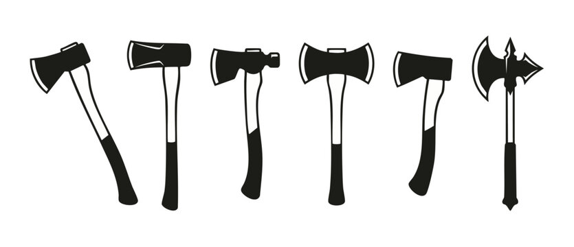 Axe collection icons set, various hatchet and tomahawk silhouettes for forestry, carpentry, and medieval battle design, vector illustration isolated on white background for lumberjack and outdoor bran