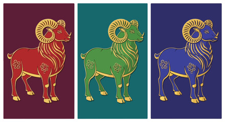Fototapeta premium Stylized vector illustration of three colorful Aries zodiac ram designs with golden accents and ornate details.