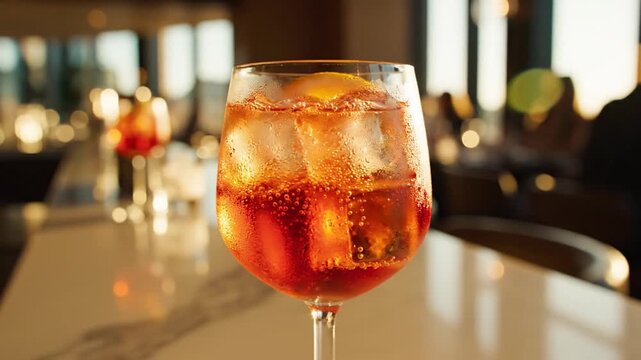 Aperol Spritz Cocktail in a Glass with Ice Cubes.