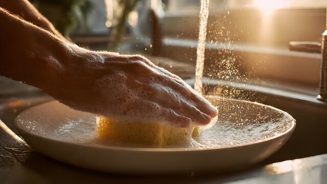 Yellow-gloved hands washing metal frying pan with sponge under running water.