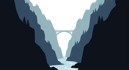 Vector flat design illustration of a majestic mountain gorge with a river flowing through and a bridge spanning the gap © denijulianto