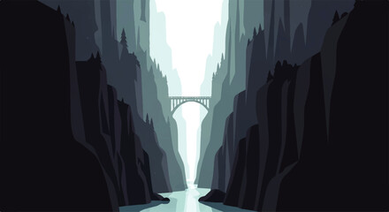 Vector flat design illustration of a majestic stone bridge spanning a deep canyon with a flowing river © denijulianto