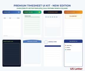 Obraz premium Premium Professional Timesheet Template Bundle - 8 Modern Business Time Tracker Forms, Payroll Attendance Sheets, Freelancer Project Logs, US Letter Vector EPS