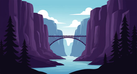 Vector flat design illustration of a majestic canyon landscape with a bridge over a river under a clear sky © denijulianto