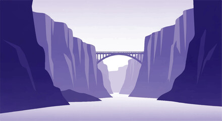 A striking vector flat design illustration of a grand stone bridge spanning a deep canyon with a river © denijulianto