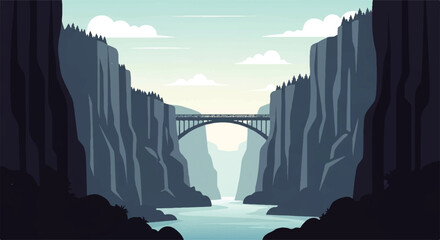 Vector flat design illustration of a majestic bridge spanning a deep canyon with a river below and forested cliffs © denijulianto