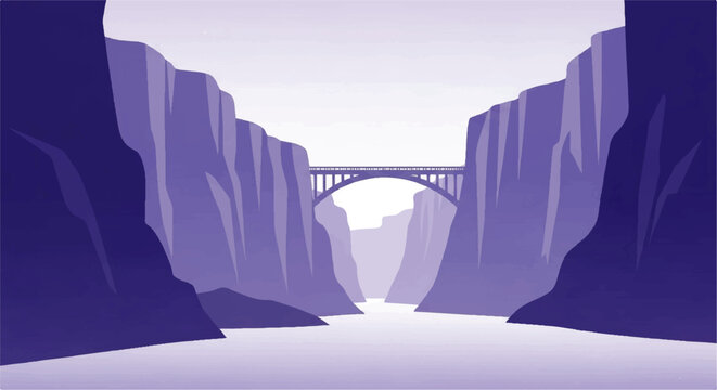 A striking vector flat design illustration of a grand stone bridge spanning a deep canyon with a river