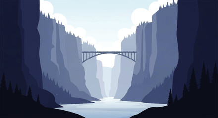 Vector flat design illustration of a majestic bridge spanning a deep canyon with a calm river flowing © denijulianto