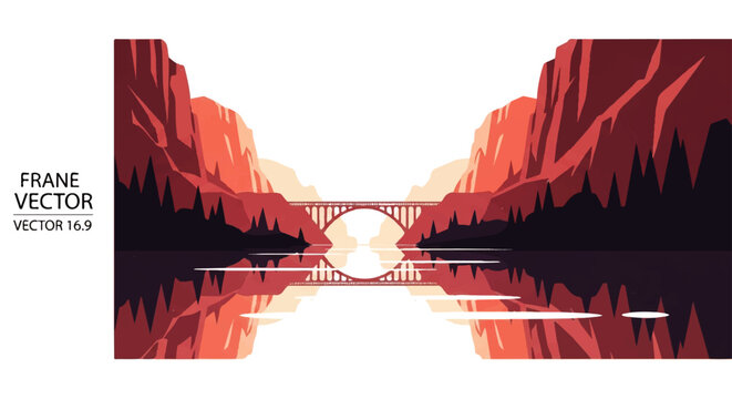 Vector flat design illustration of a majestic bridge spanning a river canyon with dramatic red rock formations