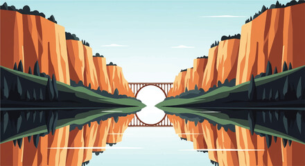 Vector flat design illustration of a symmetrical canyon landscape with a bridge reflected in calm water © denijulianto