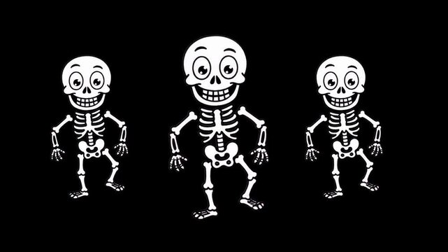 A fun 2D vector animation featuring funny cartoon human skeletons dancing against a solid black background. Perfect for Halloween parties, kids' spooky celebrations, festive greeting card designs, and