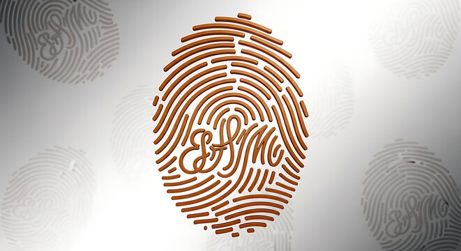 A large brown fingerprint with a monogram on a white background with other fingerprints