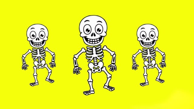 Funny cartoon skeletons jumping in place continuously against a bright yellow background. Perfect for Halloween video loops, spooky kids content, playful party invitations, horror comedy animations, m