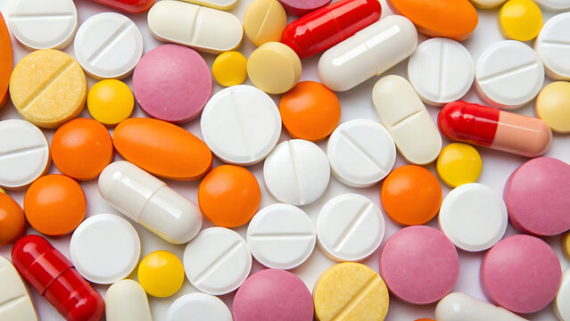 assortment of colorful prescription pills and capsules on white background