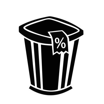 Trash bin with percentage discount tag. Waste container vector illustration for seasonal sales. Flat design isolated icon