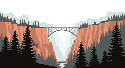 Vector flat design illustration of a majestic bridge spanning a grand canyon with pine trees and distant mountains © denijulianto