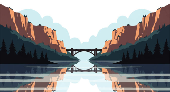 Vector flat design illustration of a majestic bridge spanning a calm river between rugged canyon walls with pine trees