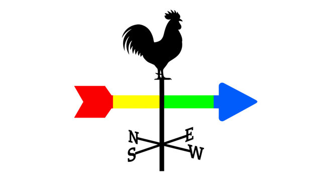 A classic black weathervane silhouette featuring a rooster atop a directional post with colorful arrows indicating cardinal directions: North, East, South, West.