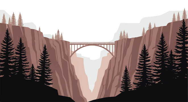 A stunning vector flat design illustration of a grand bridge spanning a deep canyon with pine trees in the foreground