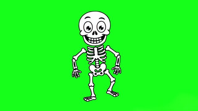 A cheerful white skeleton character performing a fun dance routine. 2D hand-drawn style animation isolated on a chroma key green screen for easy background removal and video compositing.