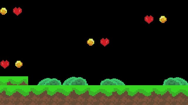 Pixel art animation of a scene with Platforms, trees, hearts and coins, passing on a black background, art, vintage, pixel, 2D.