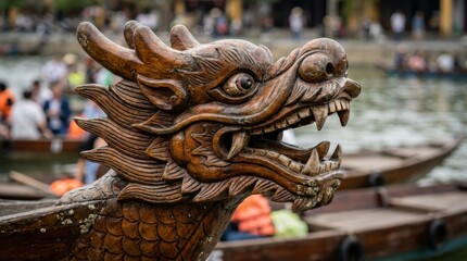Fototapeta premium Detailed Wooden Dragon Head Carved Figurehead on Traditional Dragon Boat at Water Festival