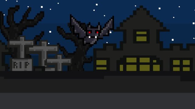 Pixel art animation of a scene with A bat flying over a cemetery, art, vintage, pixel, Halloween.