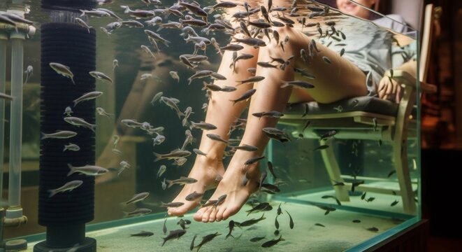 Woman enjoying a fish pedicure spa treatment for feet with garra rufa fish. Natural exfoliation and relaxation at a beauty salon.